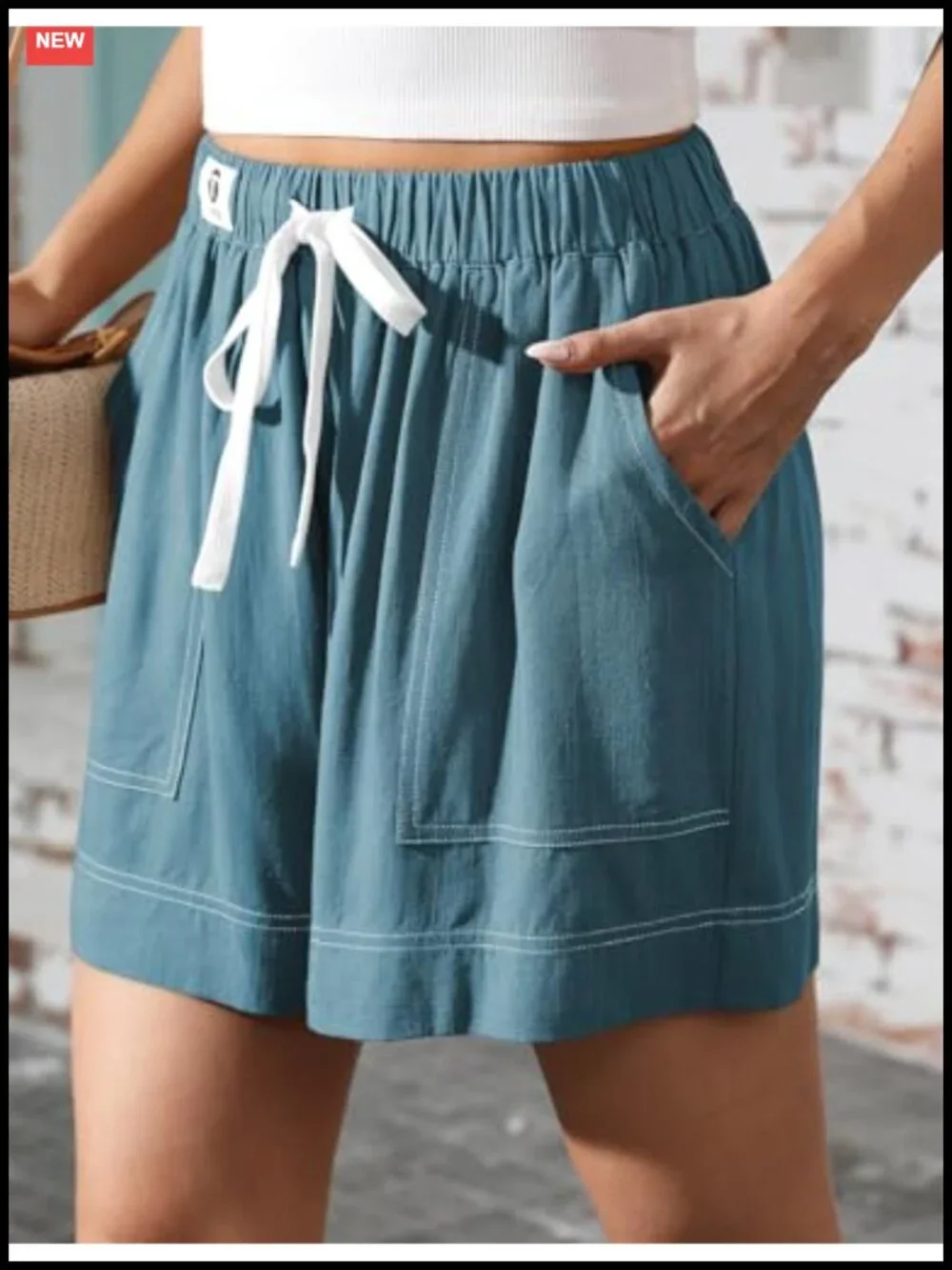 Women's Linen Blend Wide Leg High Rise Shorts with Drawstring & Pockets